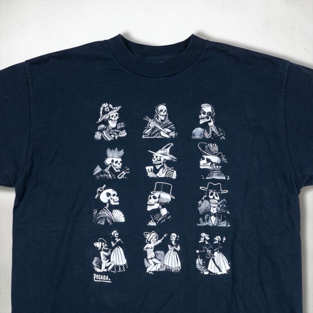 Vintage T-Shirt Day of The Dead Skeleton Posada Mexican Folk Art Tee Mens MED